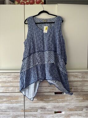 🌿 One World Blue Paisley Handkerchief Hem Sleeveless Tunic Top 2X NWT